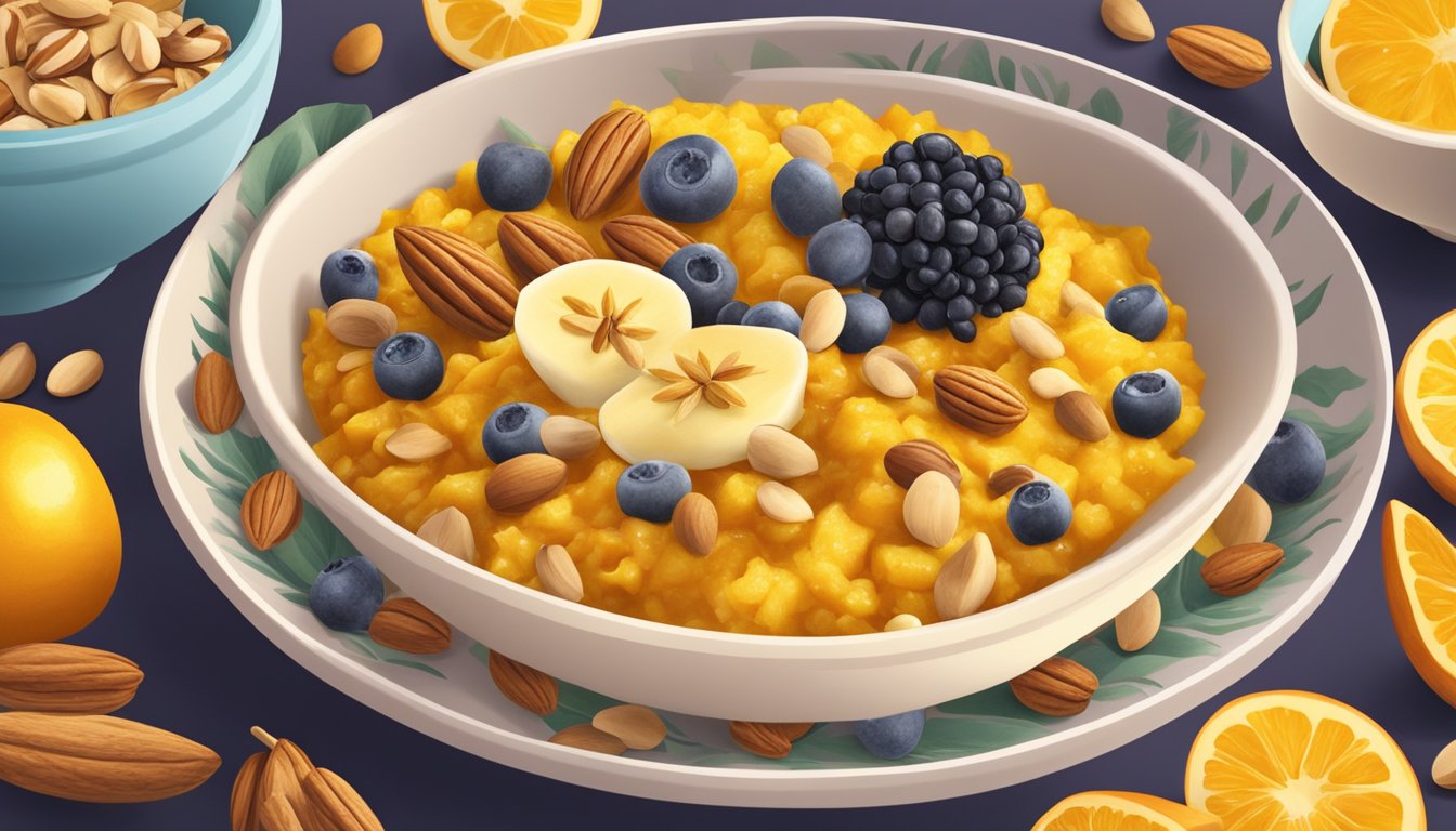 A bowl of turmeric oatmeal surrounded by colorful fruits and nuts, with a warm, golden glow emanating from the dish