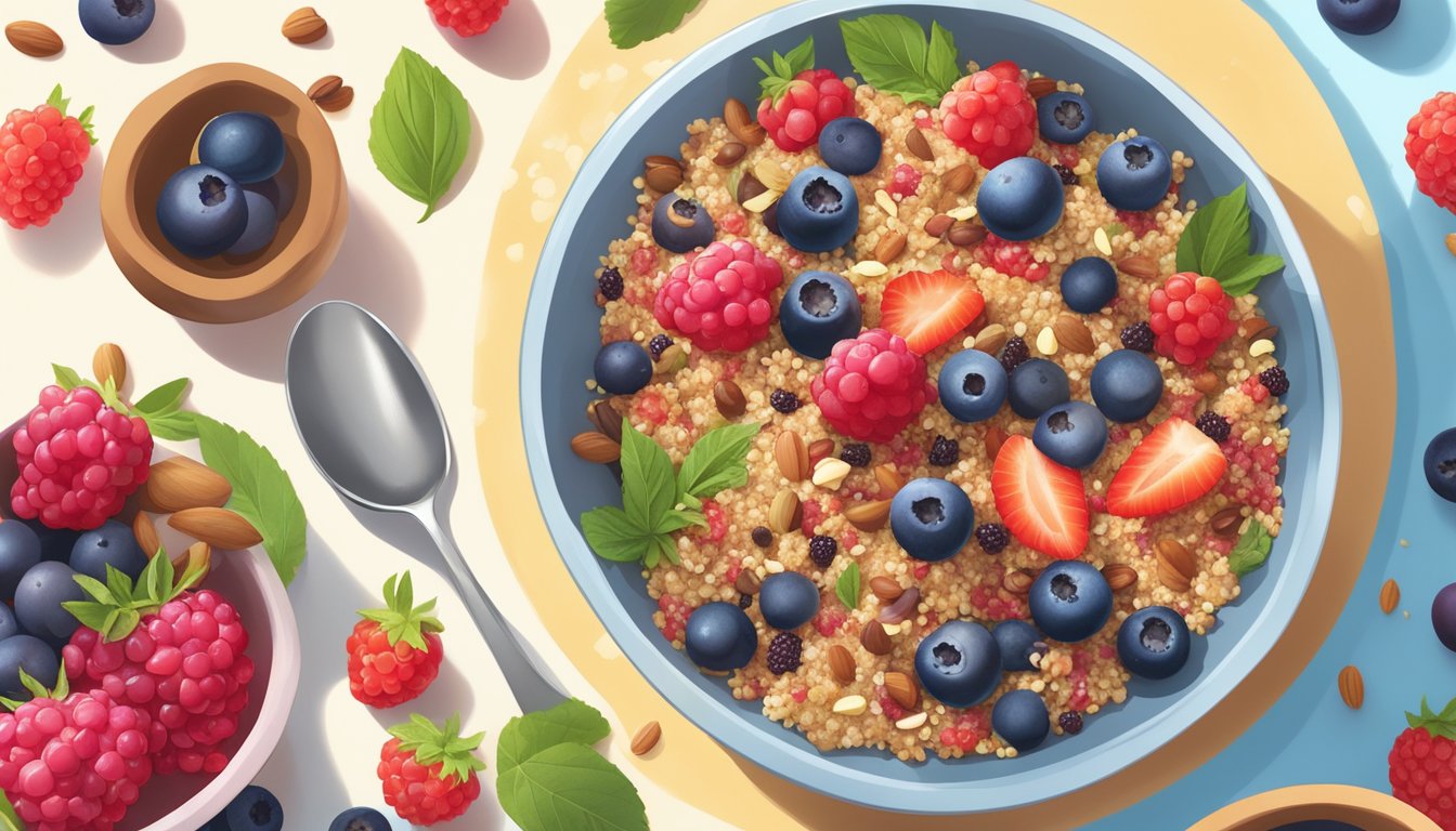 A colorful bowl of mixed berry quinoa salad surrounded by fresh berries, nuts, and seeds, with a bright morning sunlight streaming in