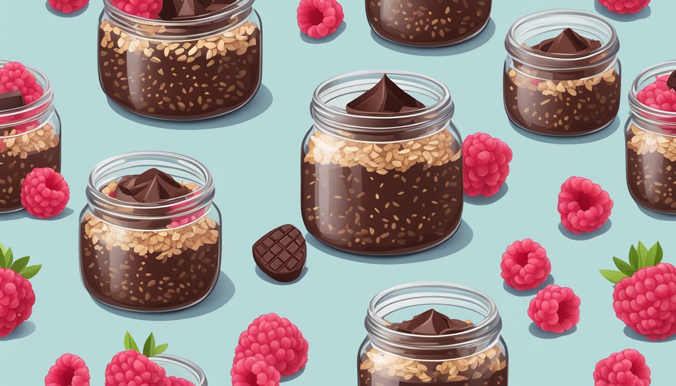 A glass jar filled with layers of dark chocolate and raspberry overnight oats, surrounded by fresh raspberries and dark chocolate pieces