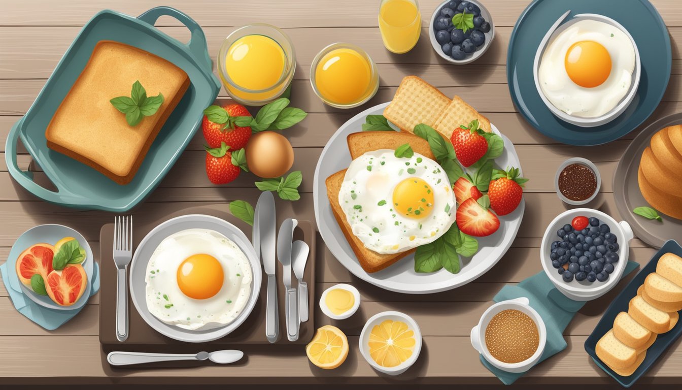 A table set with a variety of breakfast foods, including eggs, fruits, vegetables, and gluten-free bread