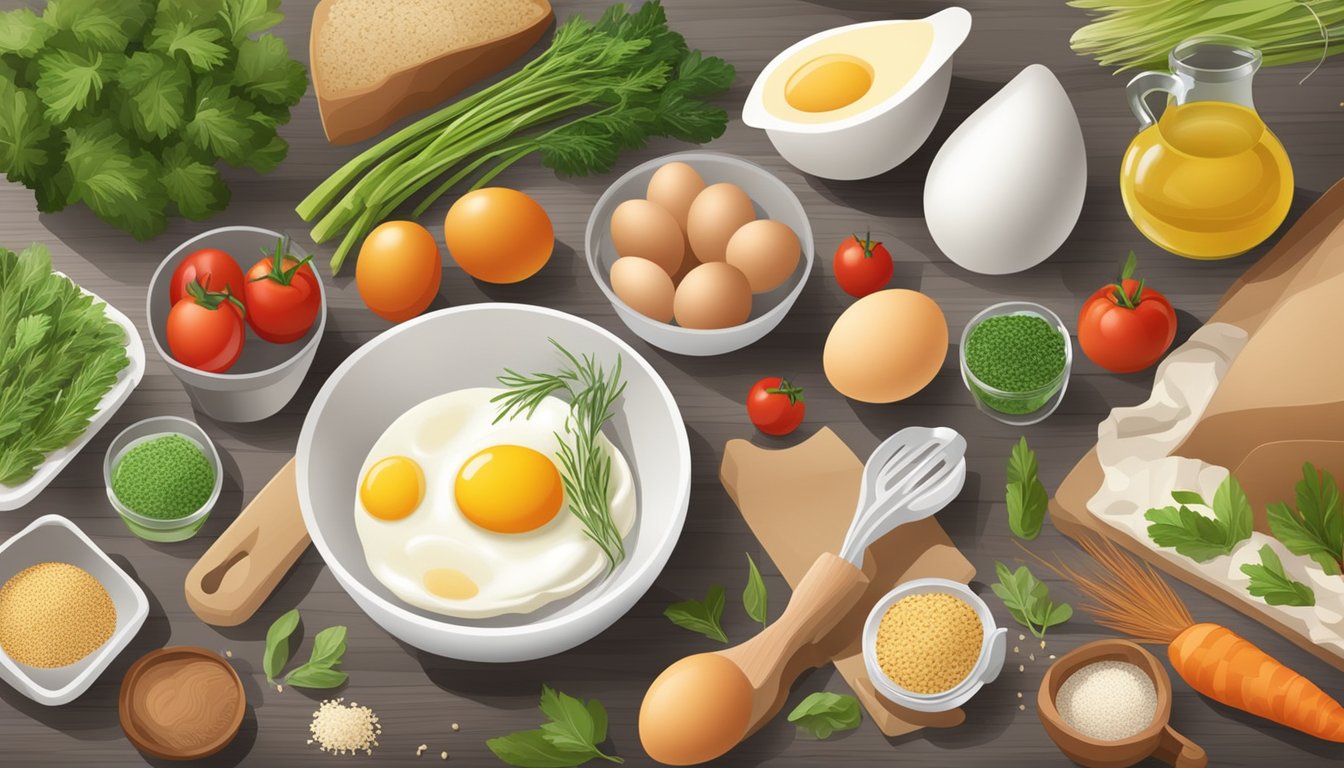 A kitchen counter with a variety of fresh ingredients and cooking utensils, including eggs, vegetables, and gluten-free grains