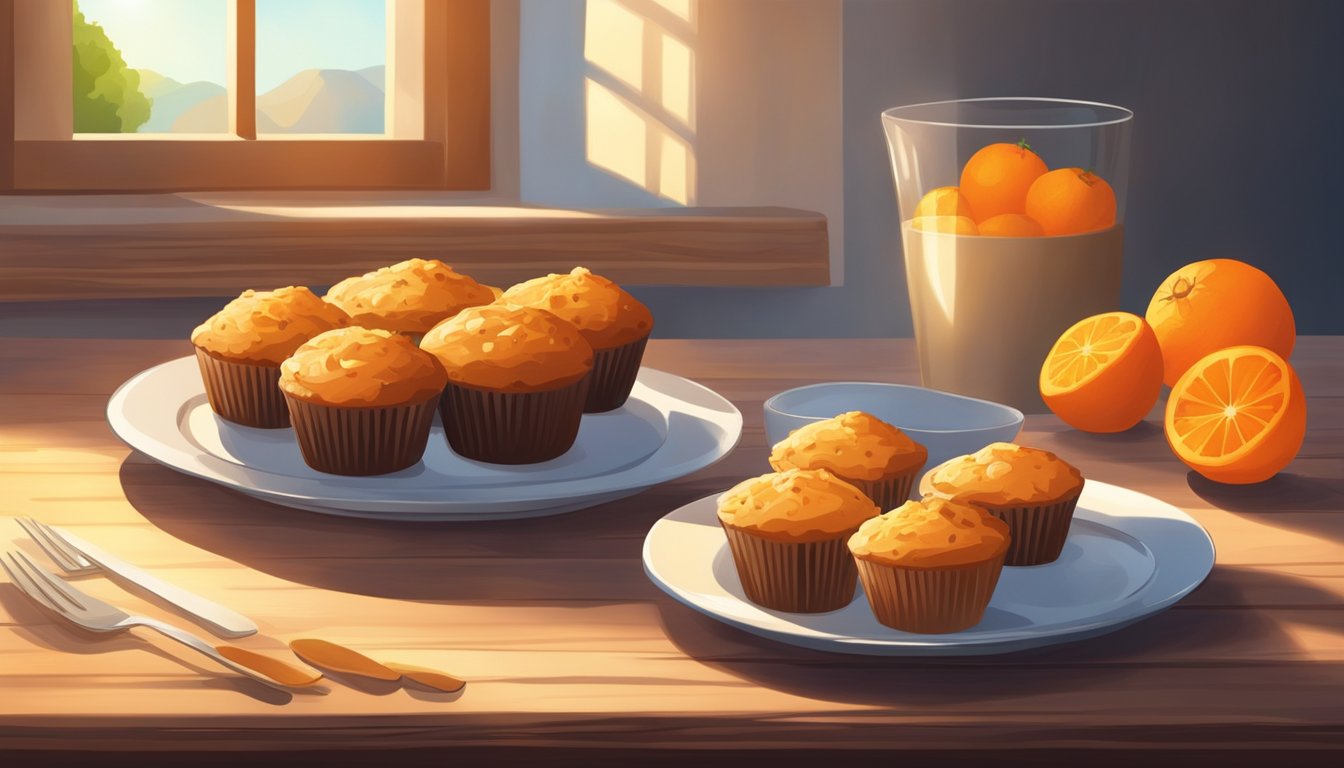 A rustic wooden table with a plate of orange and carrot muffins, surrounded by fresh oranges and carrots. Sunlight streaming in from a nearby window