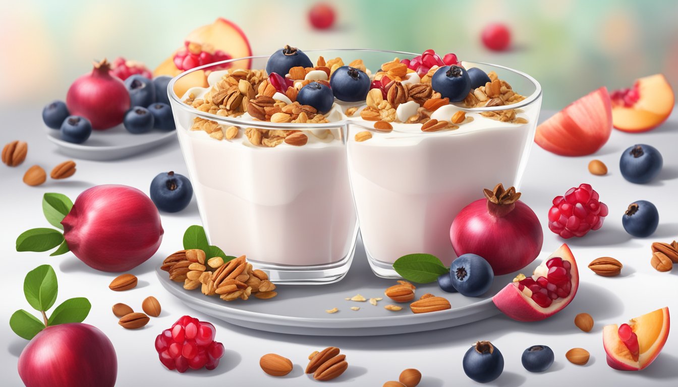 A glass parfait dish filled with layers of creamy yogurt, vibrant red pomegranate seeds, and crunchy granola, surrounded by fresh fruit and a scattering of antioxidant-rich nuts and seeds