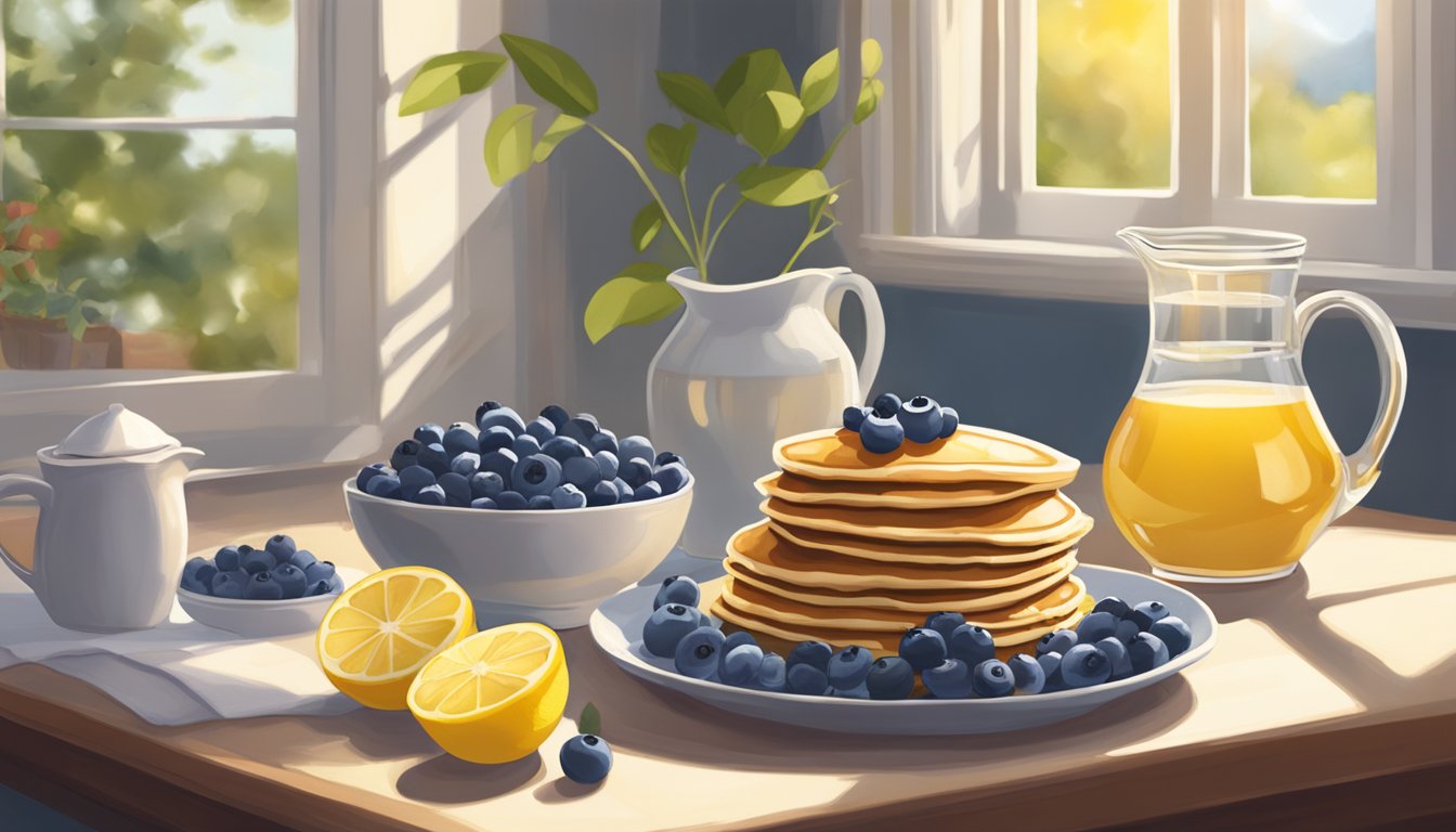 A table set with a stack of blueberry lemon ricotta pancakes, surrounded by fresh berries and a pitcher of syrup. Sunlight streams in through a window, creating a warm and inviting atmosphere