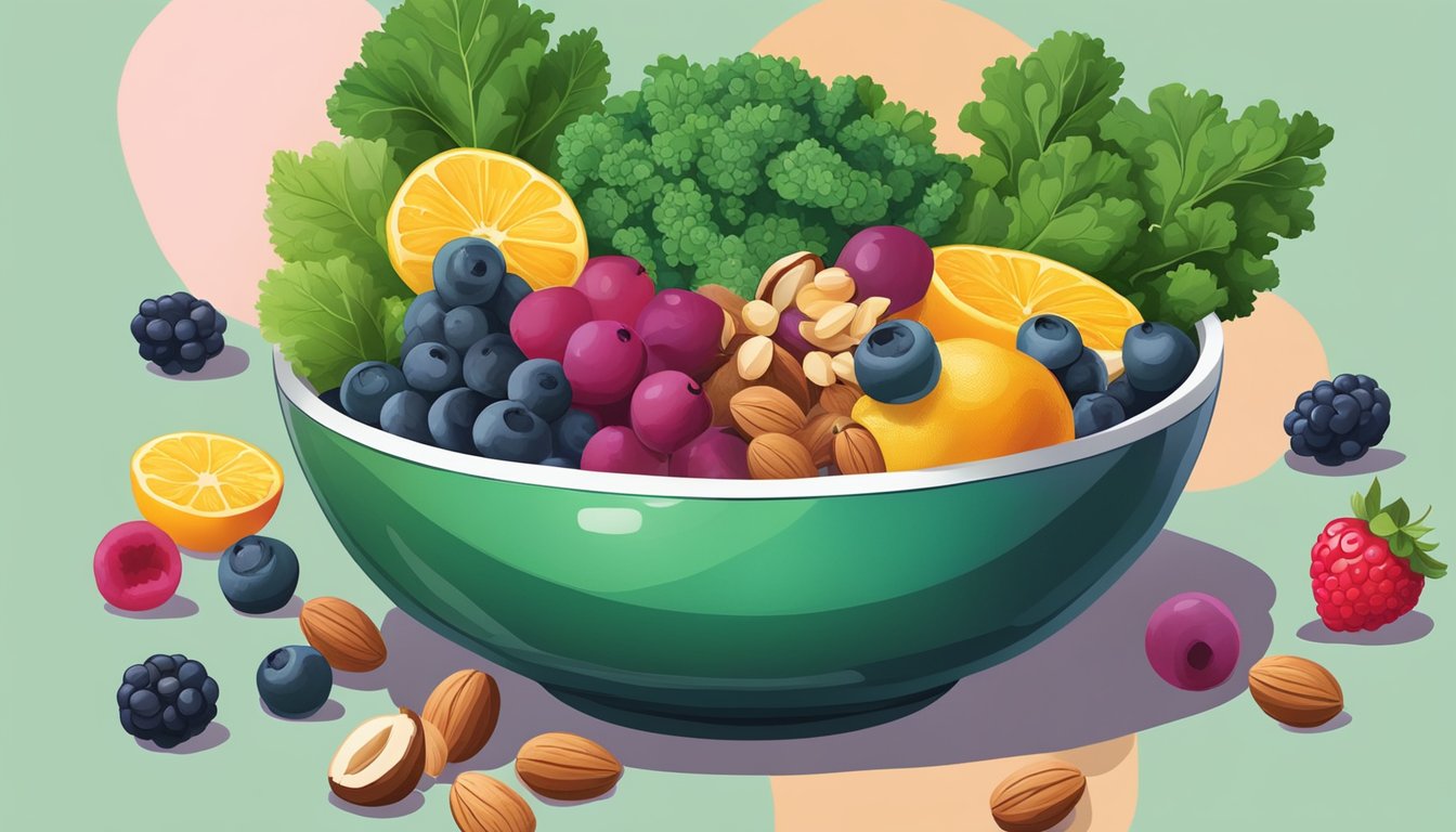 A colorful bowl filled with kale, berries, and other antioxidant-rich ingredients, surrounded by fresh fruits and nuts