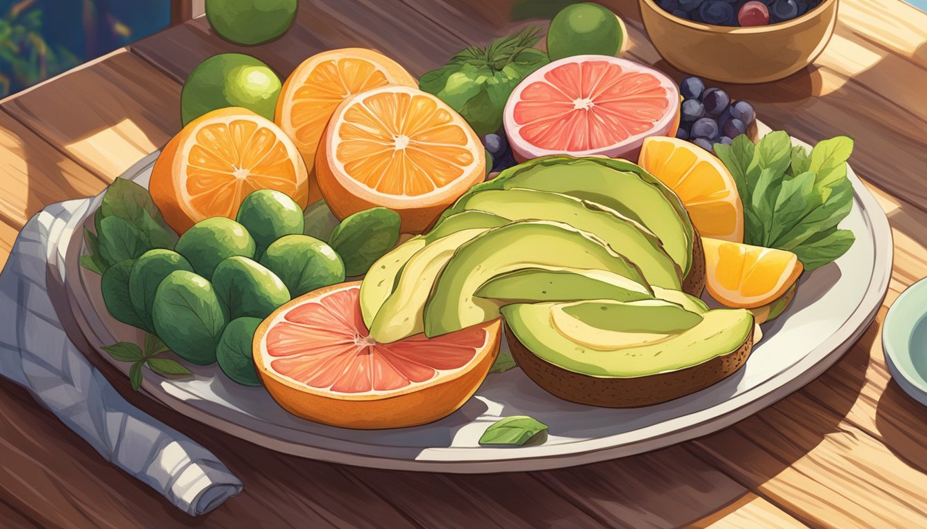 A plate with grapefruit avocado toast, surrounded by colorful fruits and vegetables, set on a rustic wooden table. Sunlight streaming through a window highlights the vibrant, healthy ingredients