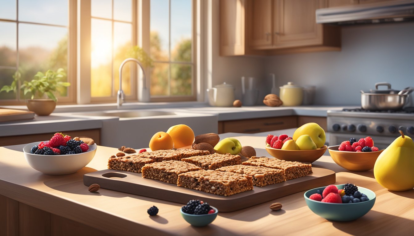 A kitchen counter with a cutting board holding freshly baked walnut and berry breakfast bars, surrounded by bowls of vibrant mixed berries and whole walnuts. Sunrise light streams in through the window