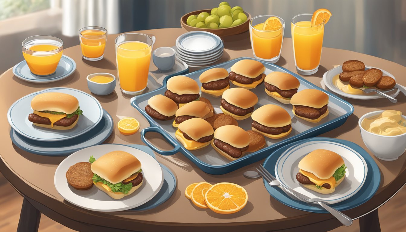 A table set with a platter of maple sausage breakfast sliders, surrounded by plates, utensils, and glasses of orange juice