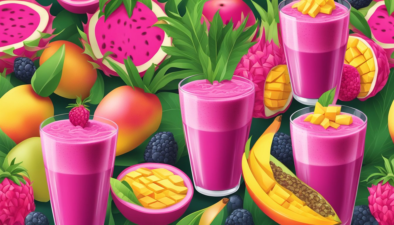 A tall glass filled with vibrant pink dragon fruit and mango smoothie surrounded by fresh fruit and green leaves