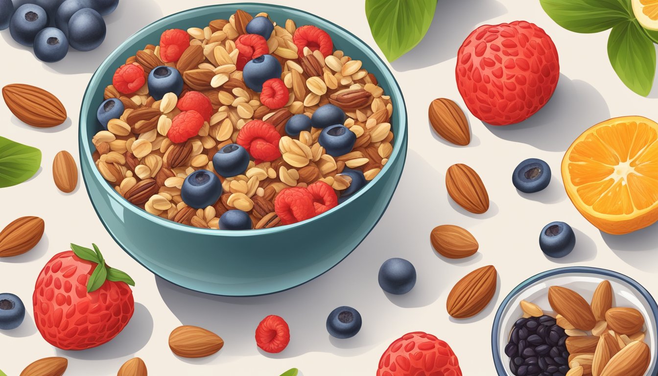 A bowl of goji berry granola surrounded by various antioxidant-rich fruits and nuts