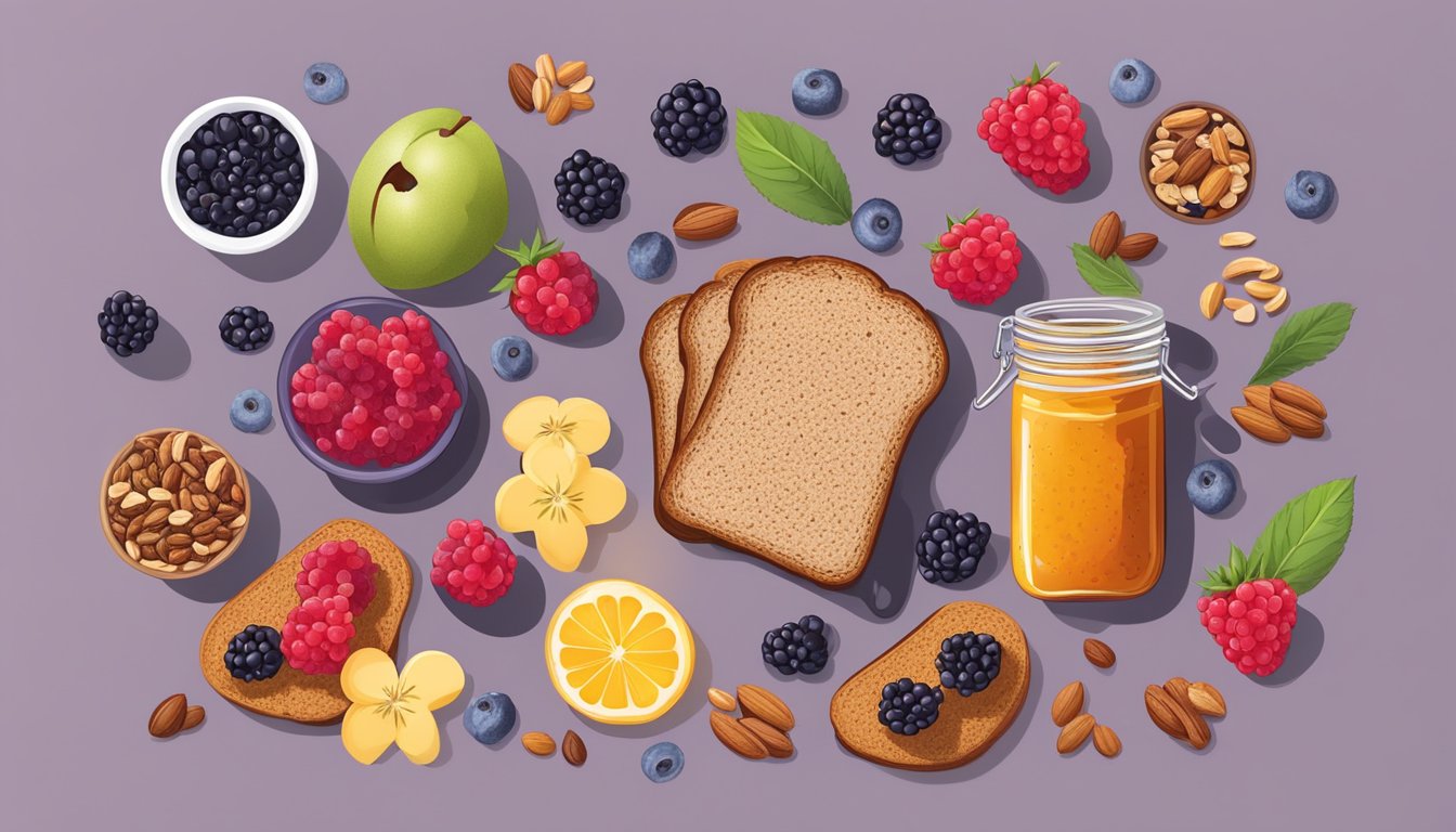 A slice of whole grain toast spread with chia berry jam, surrounded by a variety of antioxidant-rich fruits and nuts