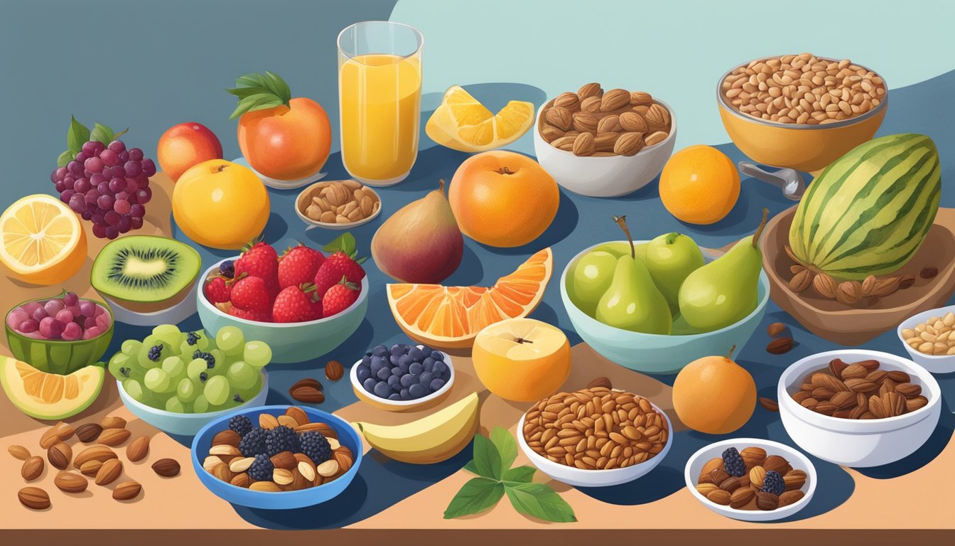 A colorful array of fruits, nuts, and seeds spread out on a breakfast table, with a variety of dishes and bowls filled with antioxidant-rich ingredients