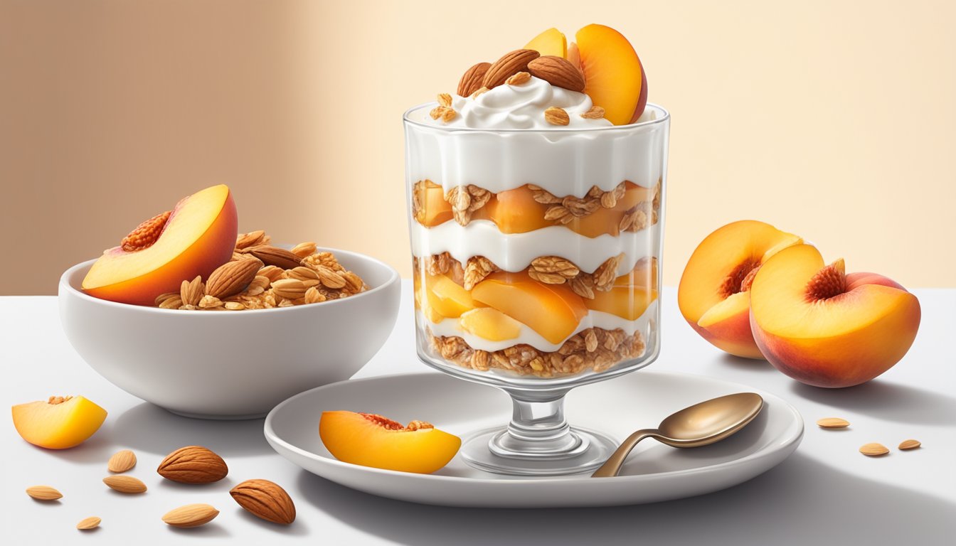 A glass parfait dish filled with layers of peach slices, almond granola, and creamy yogurt, topped with a drizzle of honey and a sprinkle of sliced almonds