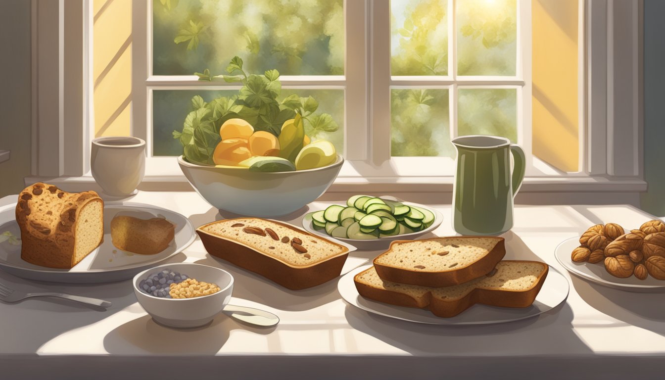 A table set with a loaf of zucchini bread topped with walnuts, surrounded by other breakfast dishes. Sunlight streams in through a window, casting a warm glow on the scene