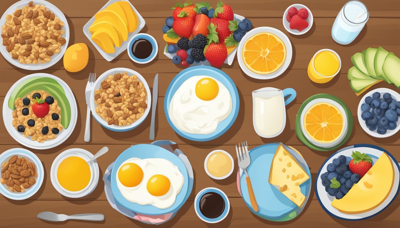 A table set with a variety of colorful and nutritious breakfast foods, such as fruit, yogurt, granola, and eggs, with a backdrop of school supplies and a bright, welcoming atmosphere