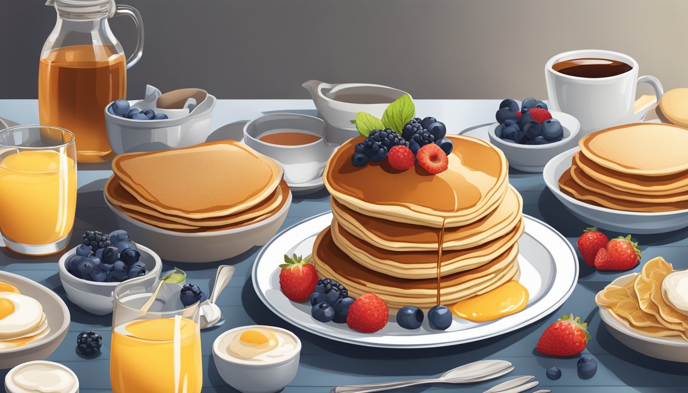 A table set with a variety of breakfast foods, including a stack of buttermilk pancakes topped with syrup and fresh berries