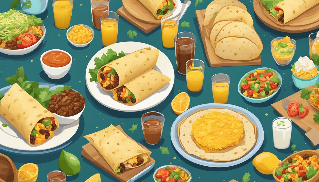 A table set with 15 colorful and appetizing breakfast burritos, surrounded by festive decorations, ready for a retirement party brunch