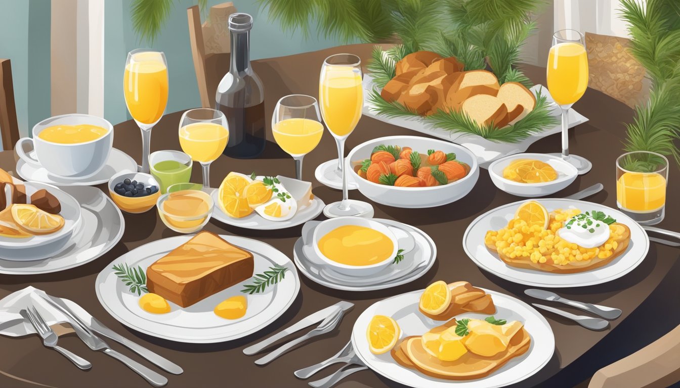 A table set with a variety of breakfast dishes and mimosas, surrounded by festive decorations for a retirement party brunch