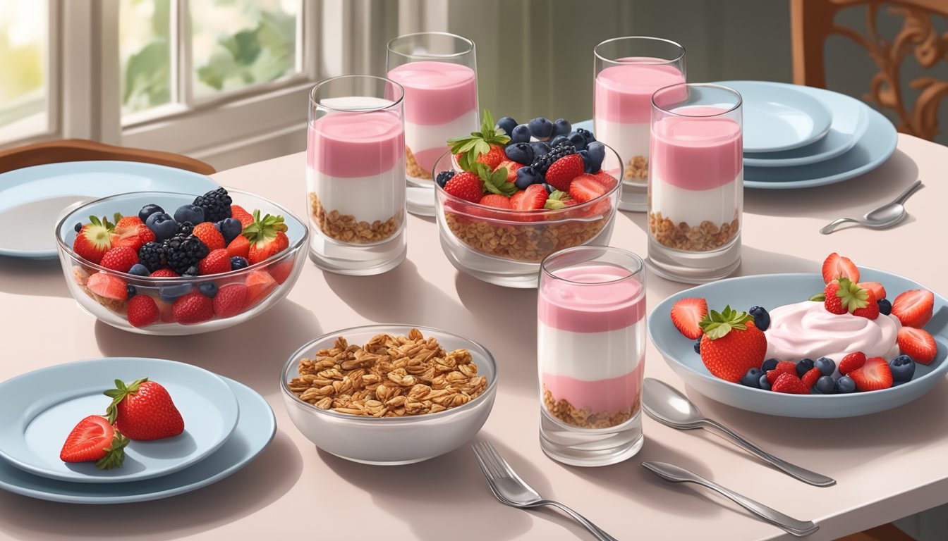 A table set with glass parfait dishes layered with strawberry yogurt, granola, and fresh berries, surrounded by elegant brunch decor