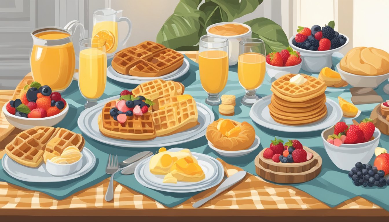 A table set with a variety of breakfast foods, including sourdough Belgian waffles, fruit, and pastries, with decorative retirement party brunch decor