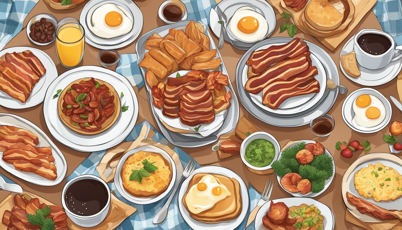 A table set with a variety of breakfast dishes, including maple-glazed bacon, surrounded by festive decorations for a retirement party brunch