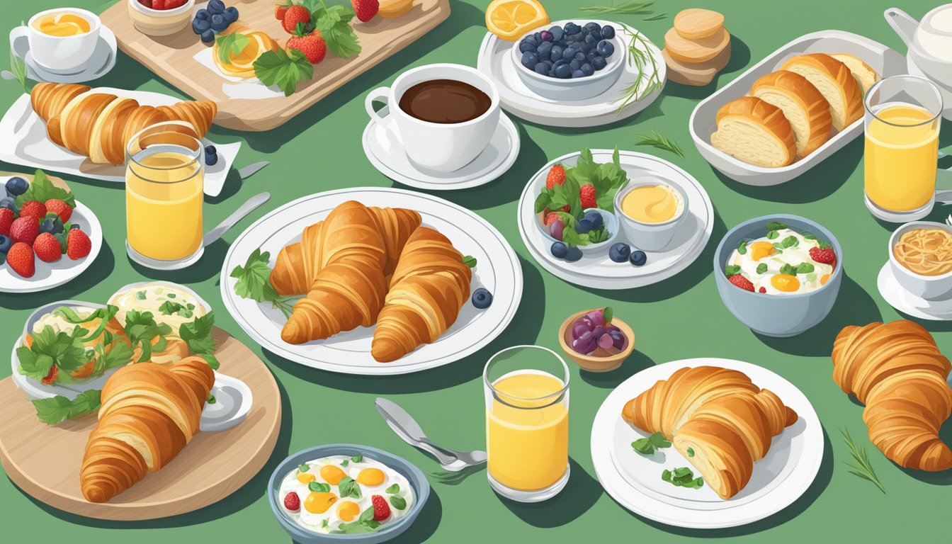 A table set with a variety of breakfast dishes, including chive cream cheese stuffed croissants, surrounded by decorations for a retirement party brunch