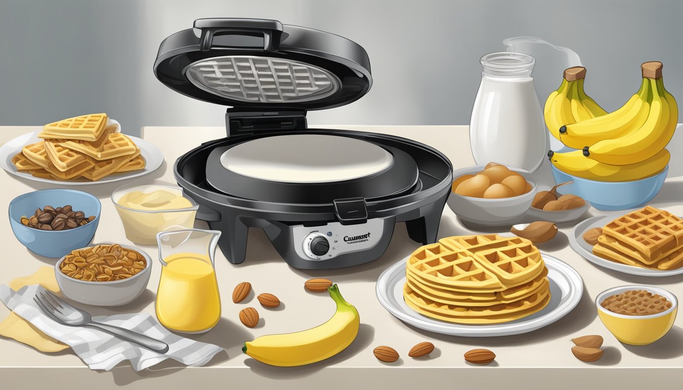 A Cuisinart Breakfast Express Waffle Omelet Maker surrounded by ingredients for Banana Nut Waffles