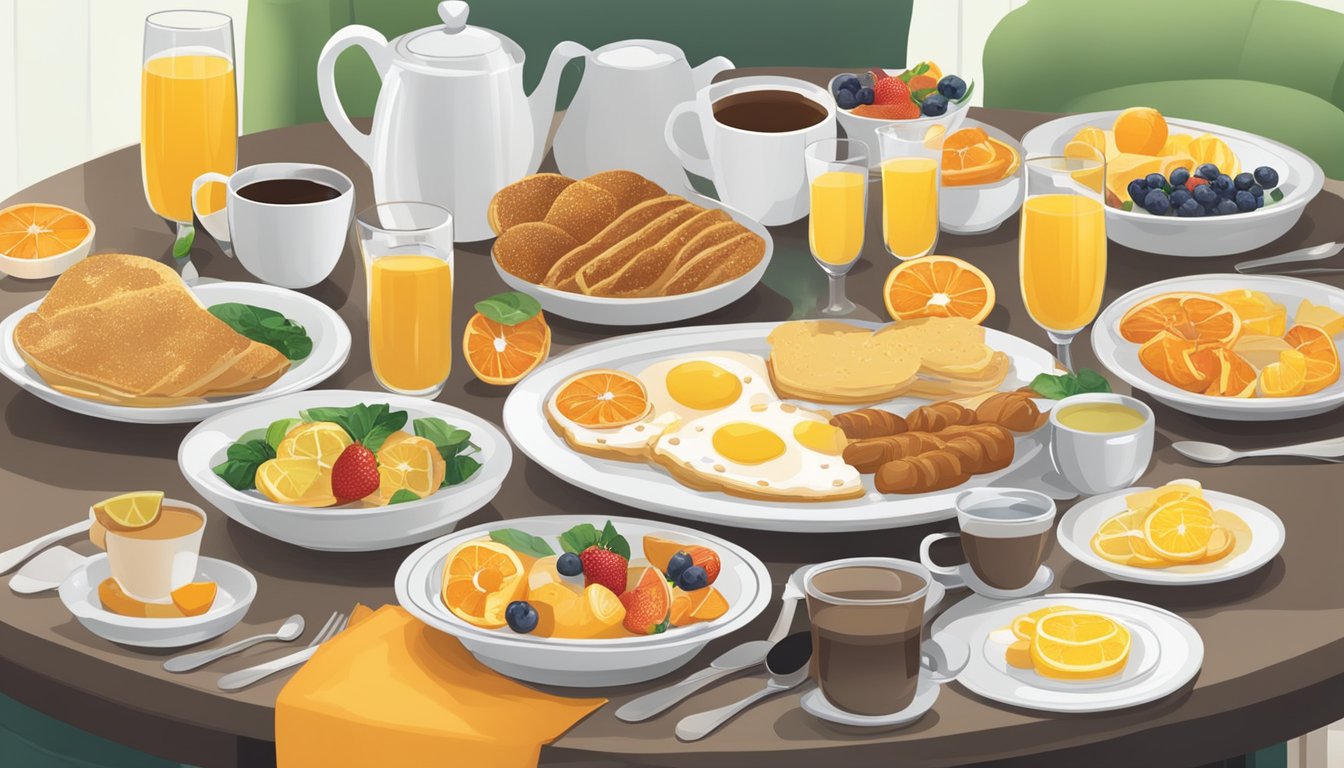 A table set with 15 breakfast dishes and a variety of complementary beverages, such as coffee, tea, orange juice, and mimosas, arranged for a retirement party brunch