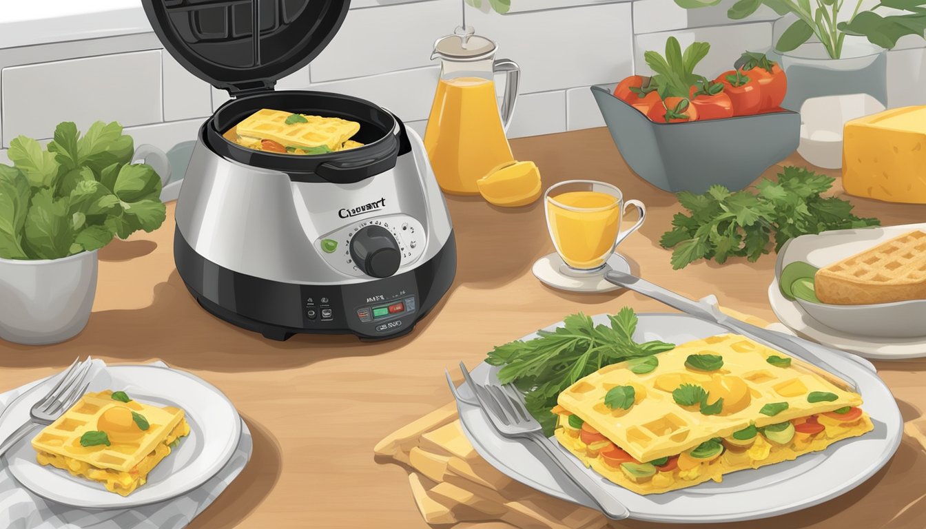 A golden cheddar herb omelet sizzling on the Cuisinart Breakfast Express waffle omelet maker, surrounded by fresh ingredients and a steaming cup of coffee