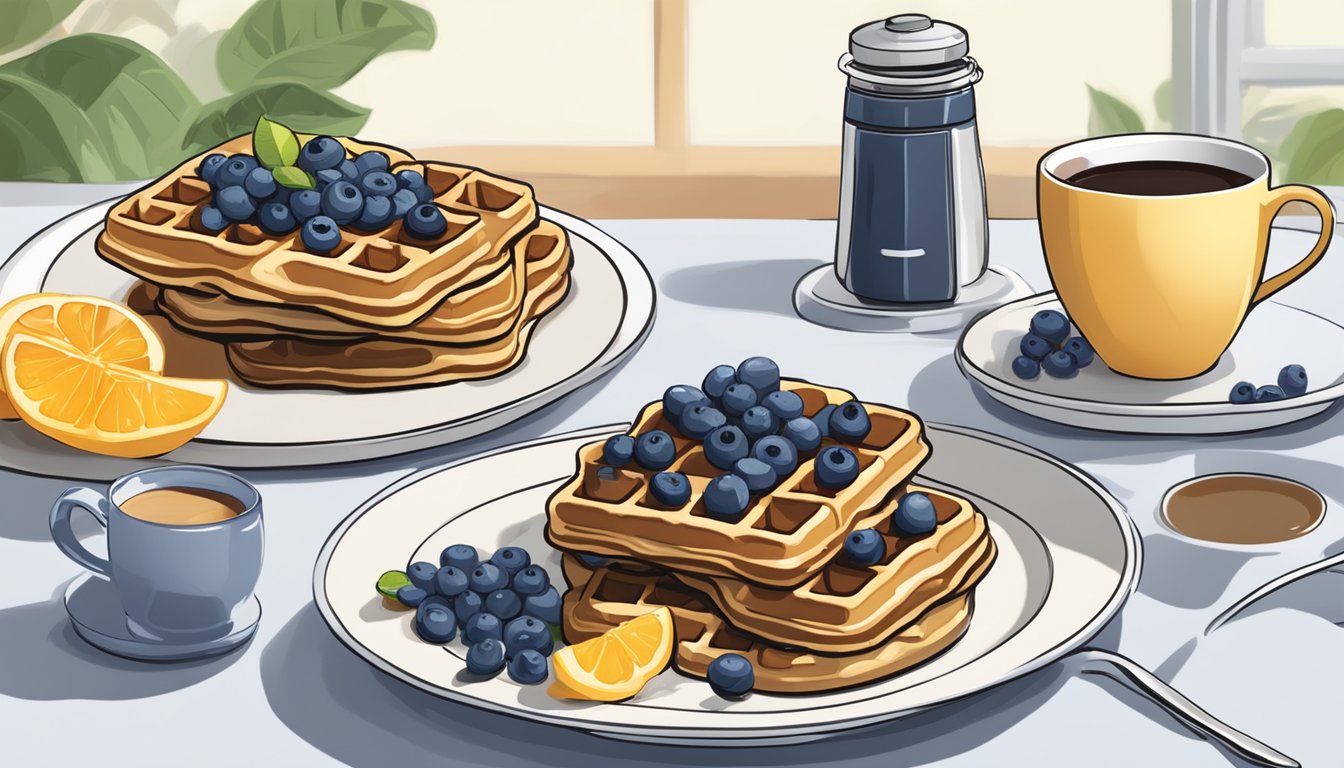 A breakfast table set with blueberry almond waffles made using a Cuisinart Breakfast Express WaffleOmelet Maker, surrounded by fresh fruit and a steaming cup of coffee