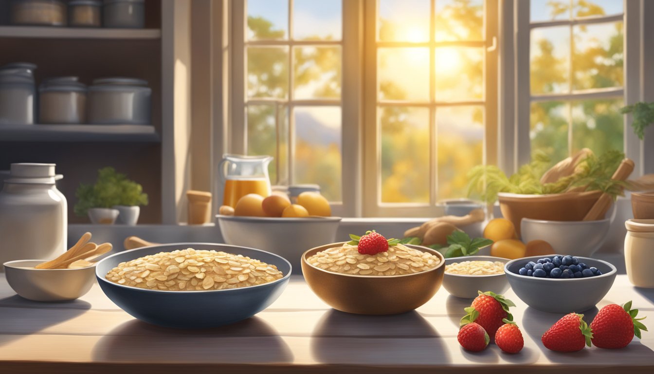 A rustic kitchen table with a bowl of ginger oatmeal surrounded by ingredients like oats, ginger, and fresh berries. Sunlight streams in through a window, casting a warm glow on the scene