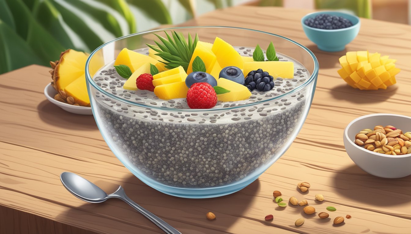 A glass bowl of chia seed pudding topped with sliced pineapple, surrounded by various colorful fruits and nuts on a wooden breakfast table