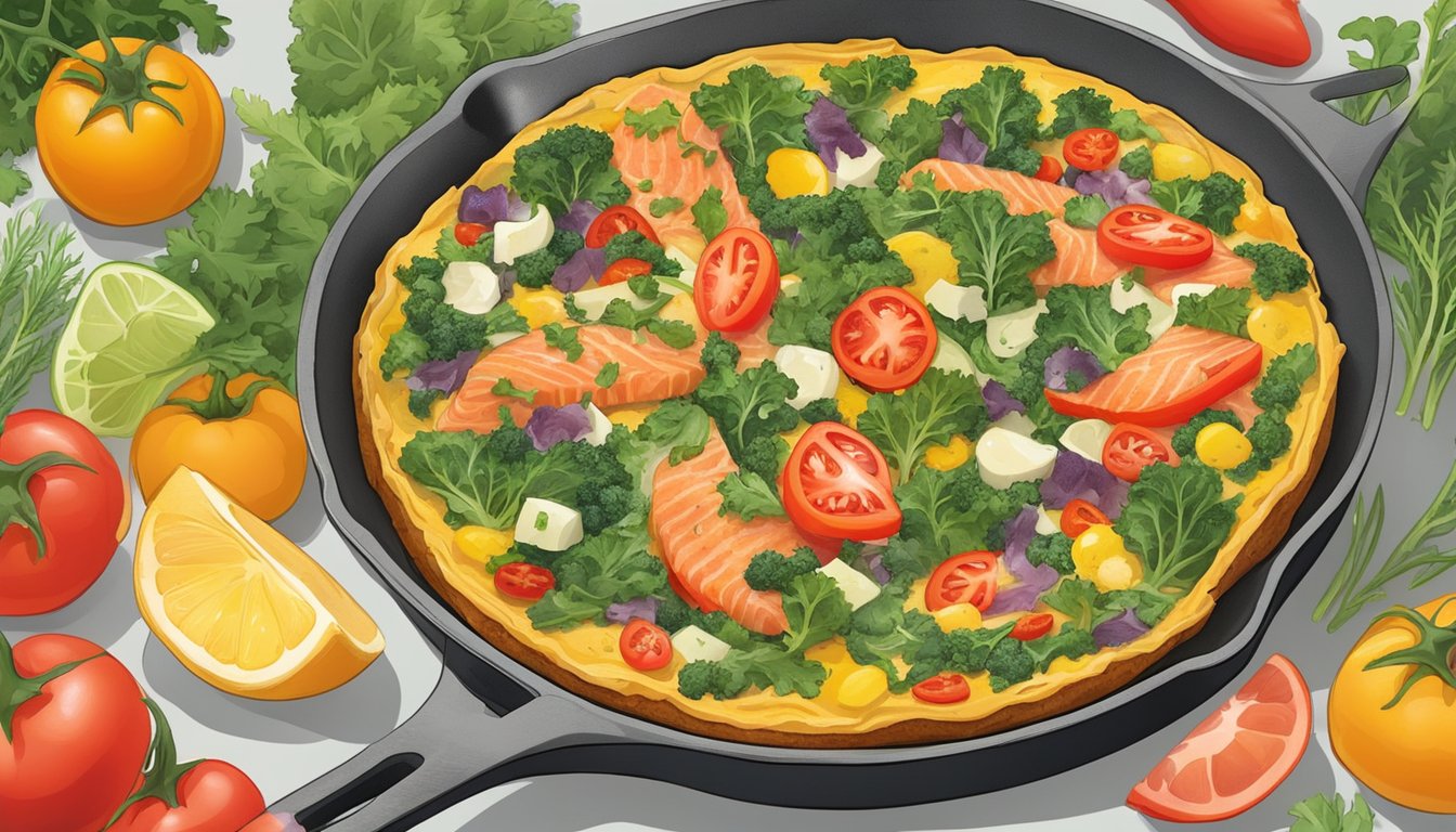 A colorful frittata filled with salmon and kale surrounded by vibrant ingredients like tomatoes, bell peppers, and herbs