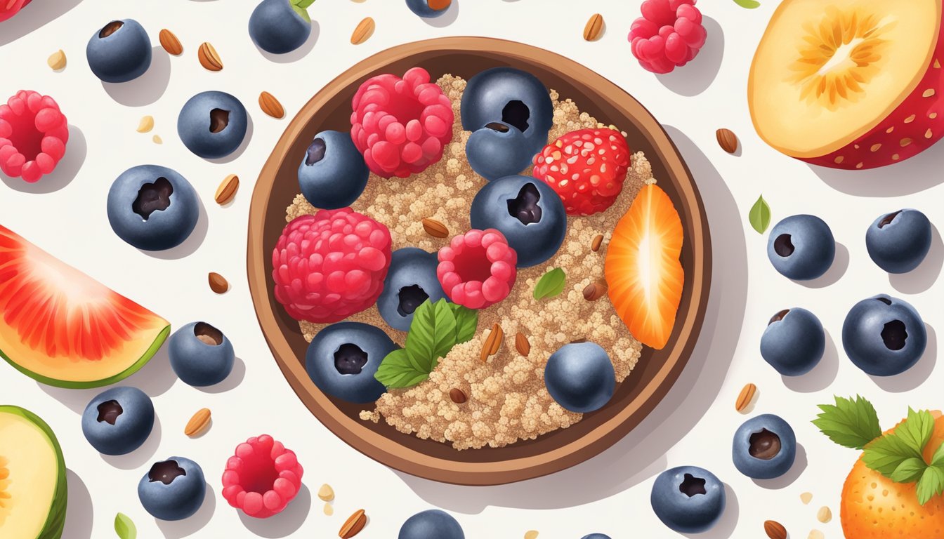 A colorful breakfast bowl filled with quinoa, mixed berries, and nuts, surrounded by fresh fruits and a sprinkle of seeds