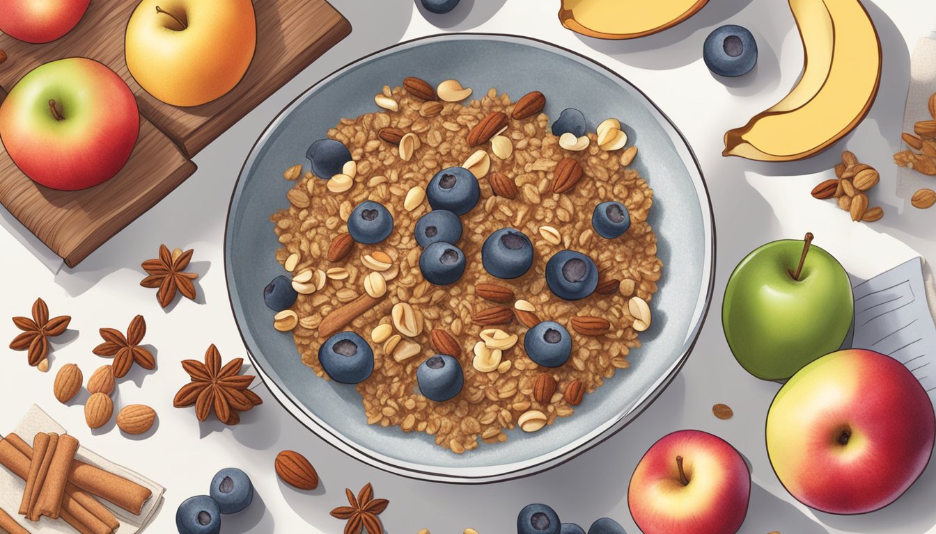 A bowl of cinnamon apple nut granola surrounded by fresh fruits and nuts, with a cookbook open to a page titled "15 breakfast recipes that are naturally anti-inflammatory."