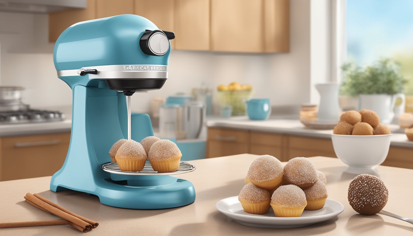 A babycakes mini cake pop maker surrounded by cinnamon sugar donut pops on a breakfast table