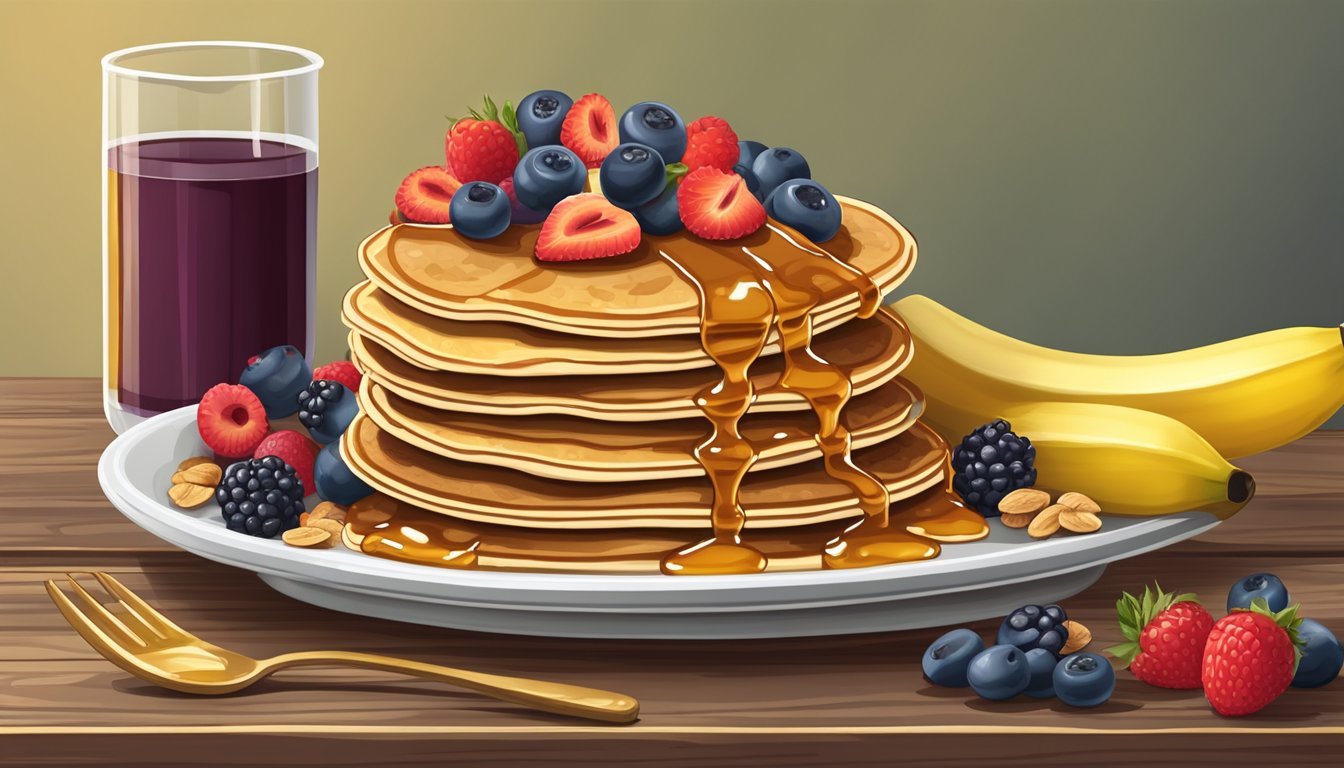 A stack of golden walnut banana pancakes surrounded by fresh berries and a drizzle of honey, set on a rustic wooden table