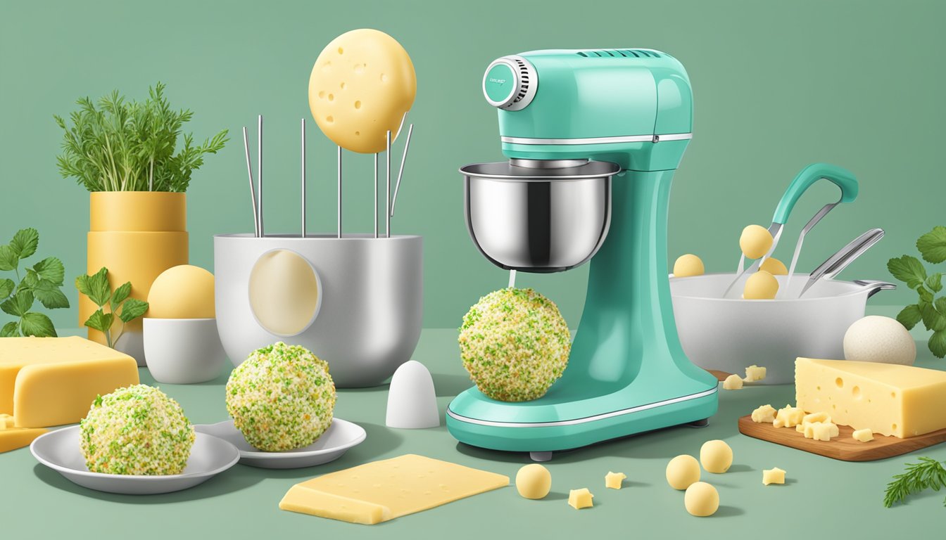 A mini cake pop maker surrounded by savory herb and cheese bites being cooked