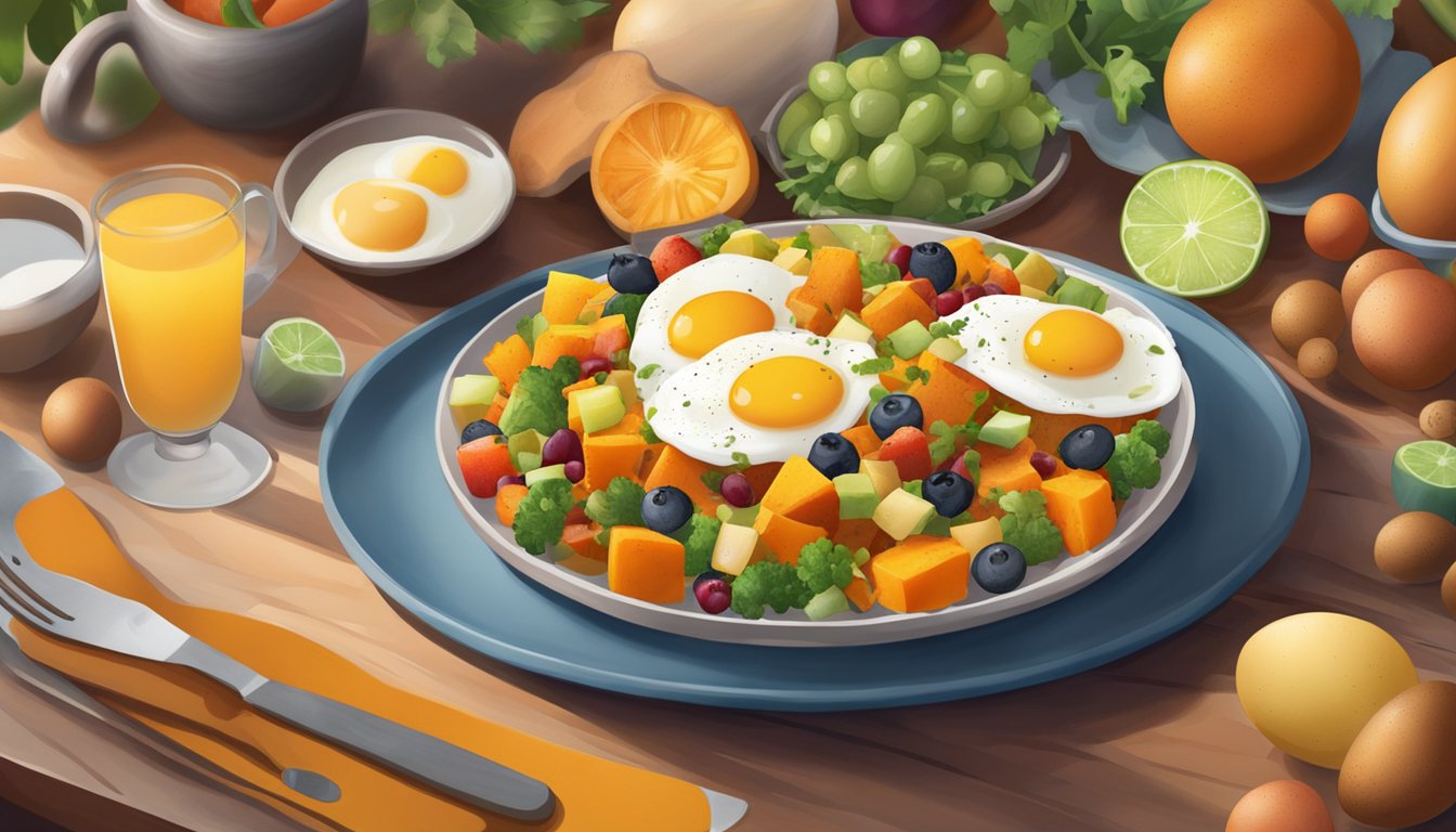 A plate of eggs and sweet potato hash surrounded by colorful fruits and vegetables, with a warm and inviting atmosphere