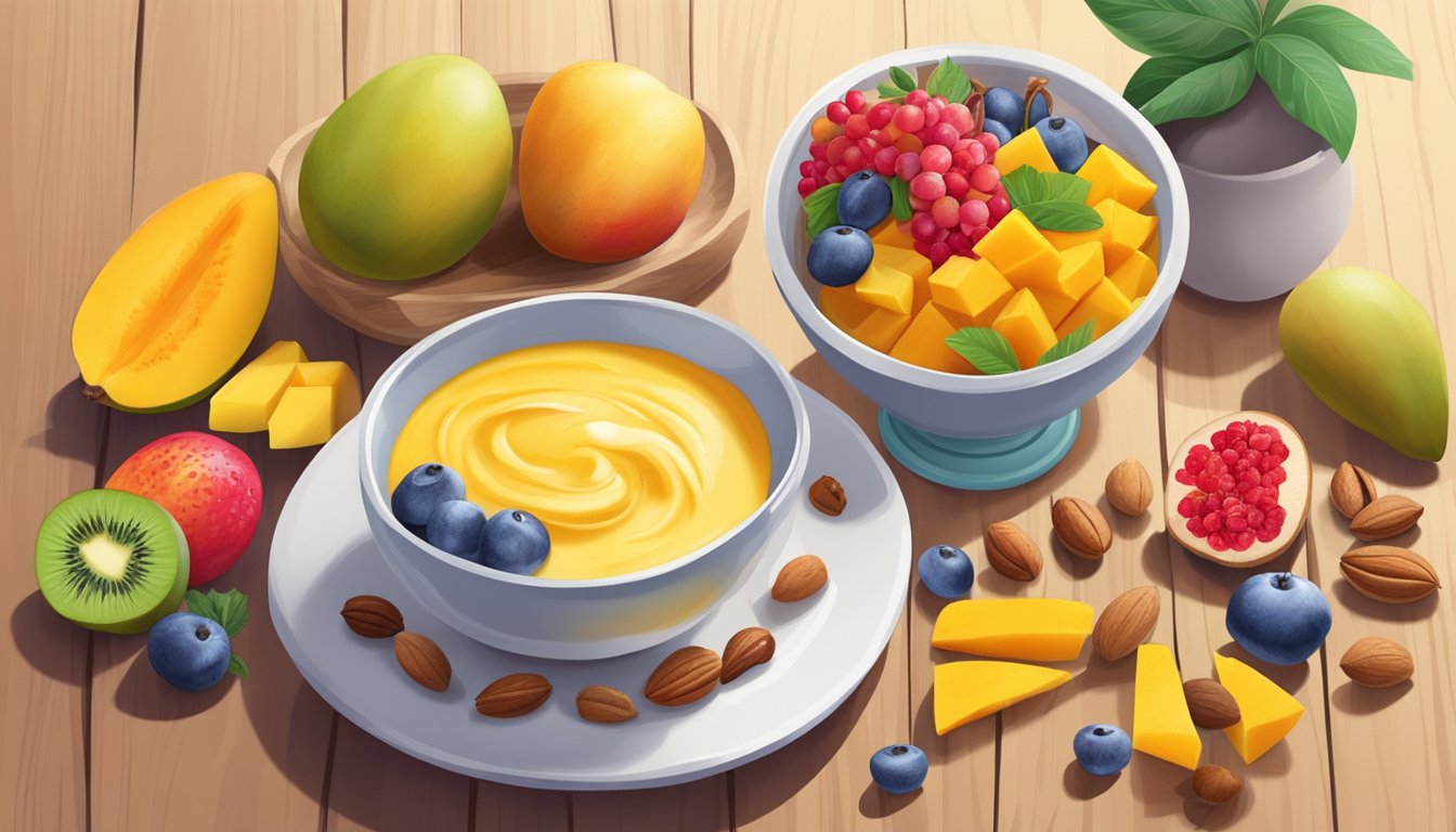 A bowl of vibrant yellow mango turmeric yogurt surrounded by a variety of colorful fruits and nuts on a wooden breakfast table