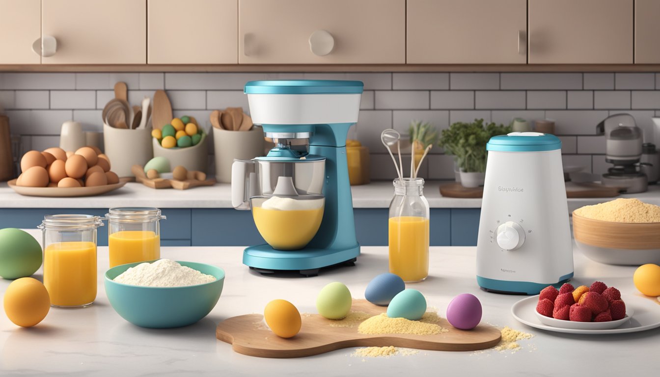 A kitchen countertop with a babycakes mini cake pop maker surrounded by ingredients such as eggs, flour, fruit, and syrup