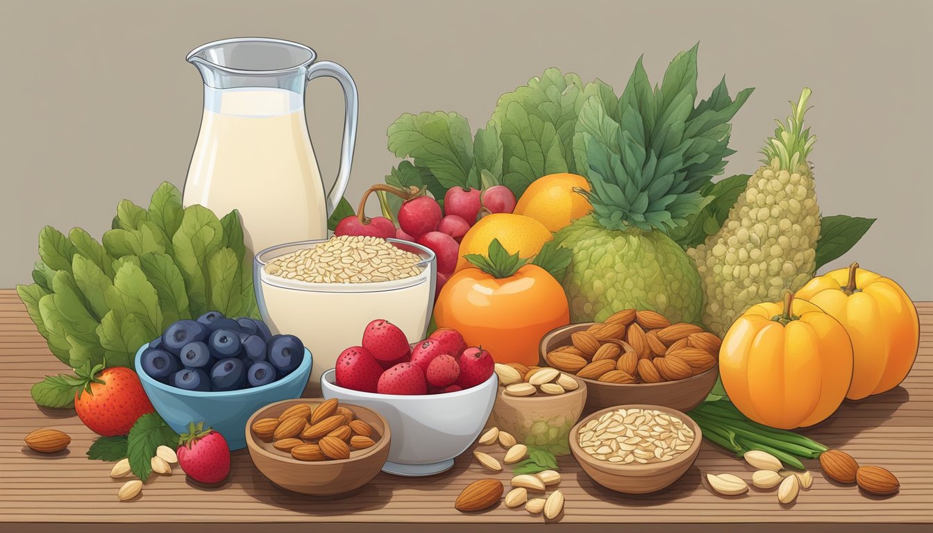 A colorful array of fruits, vegetables, nuts, and seeds arranged on a wooden table, with a bowl of oats and a pitcher of almond milk nearby