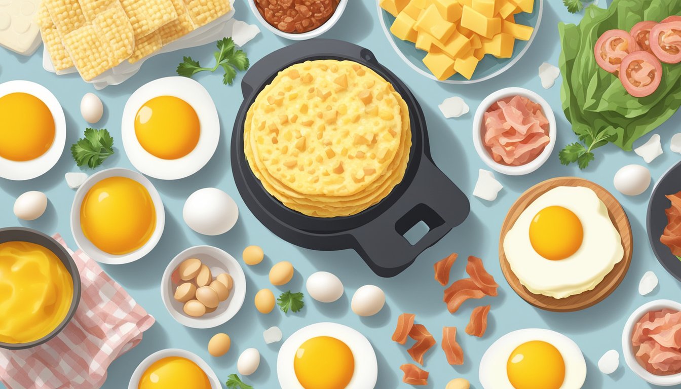 A dash egg bite maker surrounded by ingredients for cheesy bacon egg bites