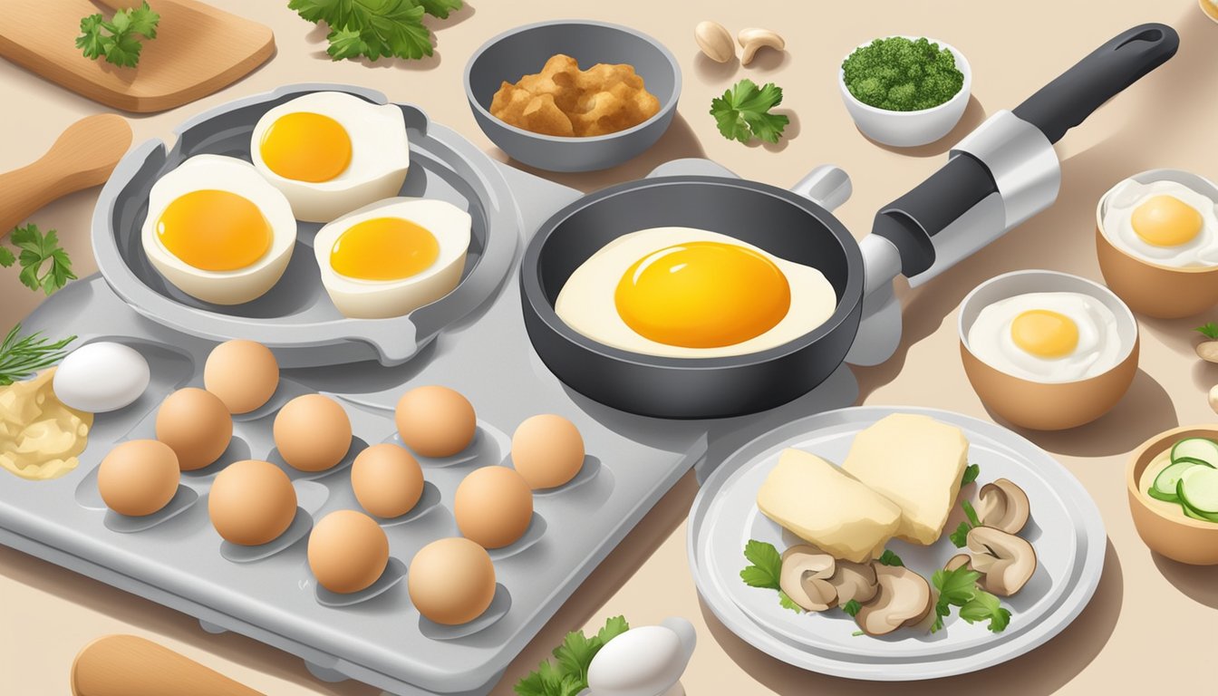 Egg bite maker filled with mushroom Swiss egg bites surrounded by fresh ingredients and kitchen utensils