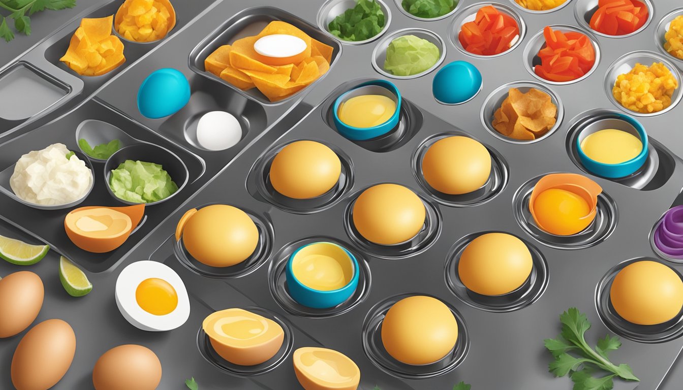 A colorful array of southwestern egg bites being prepared in a dash egg bite maker. Ingredients and utensils are neatly arranged on a kitchen counter