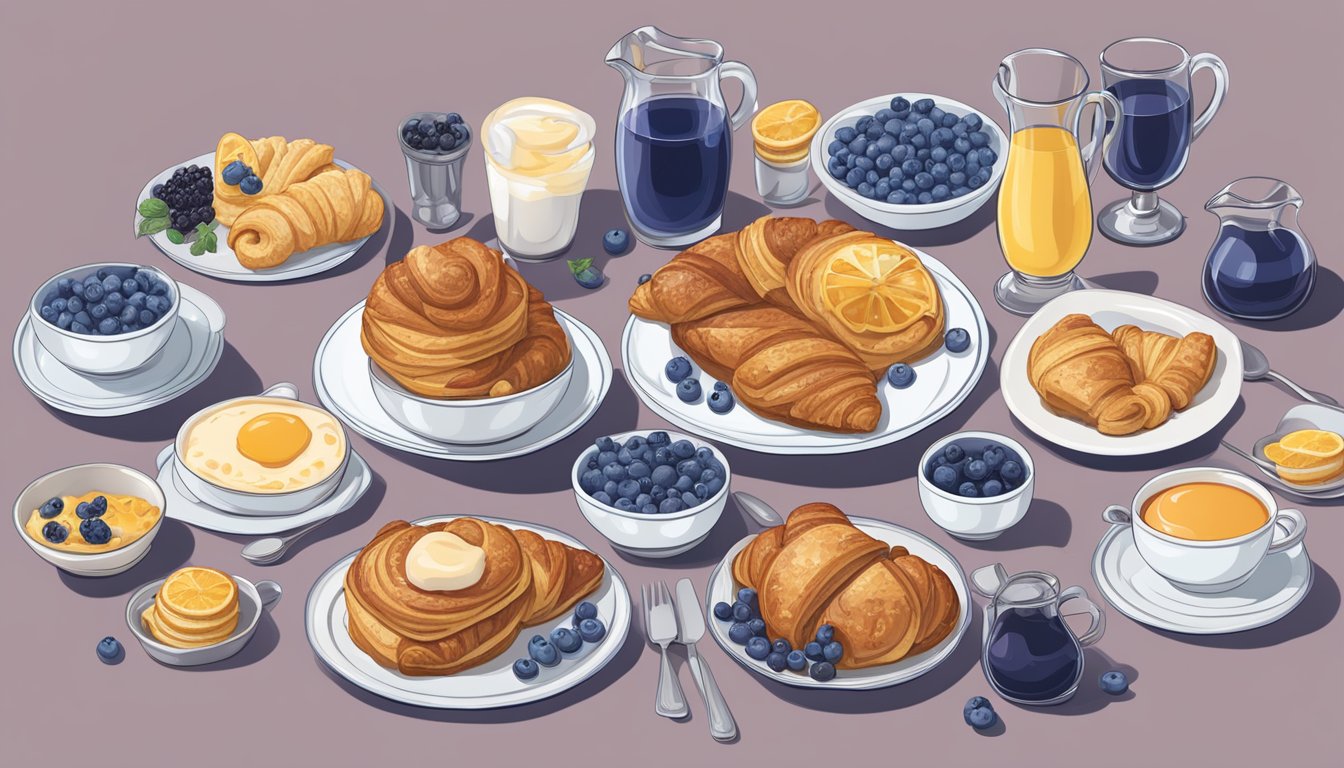 A table set with blueberry stuffed croissant French toast, surrounded by 15 breakfast dishes, in a gender-neutral color scheme