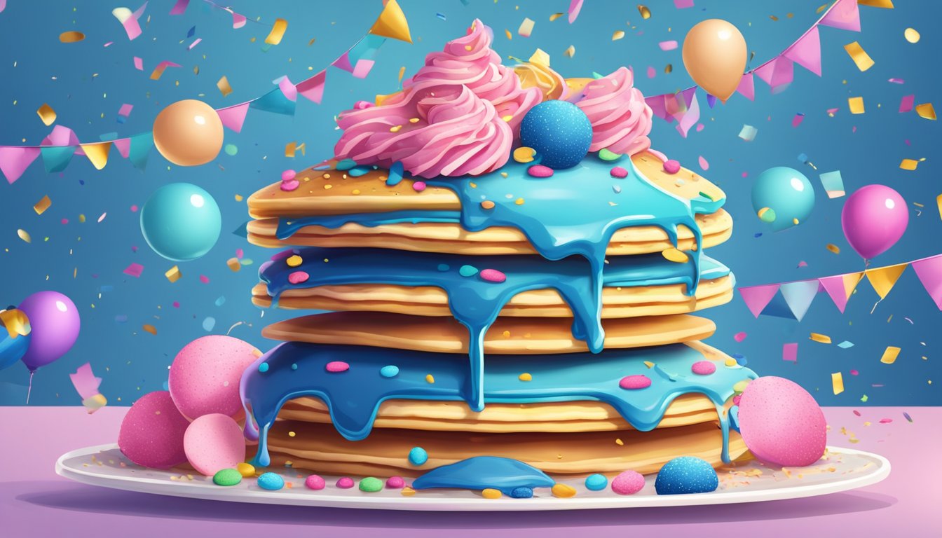 A tall stack of colorful pancakes topped with blue and pink sprinkles, surrounded by confetti and party decorations