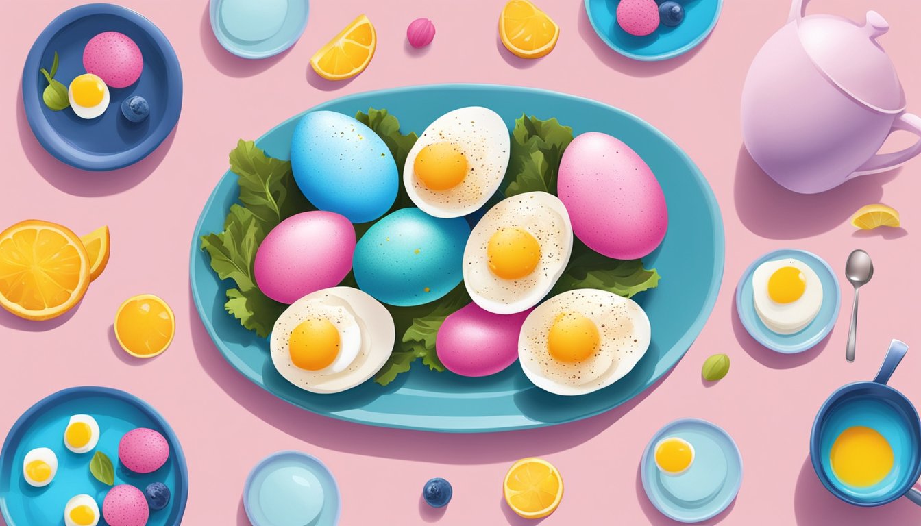 A platter of pink and blue deviled eggs surrounded by colorful breakfast items