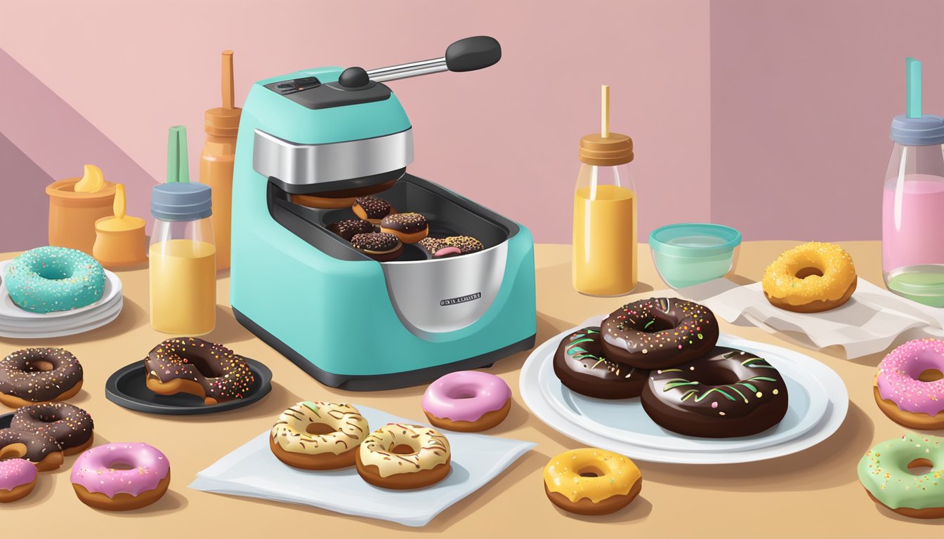 A table set with a variety of glazed chocolate mini donuts, along with ingredients and a Brentwood mini donut maker