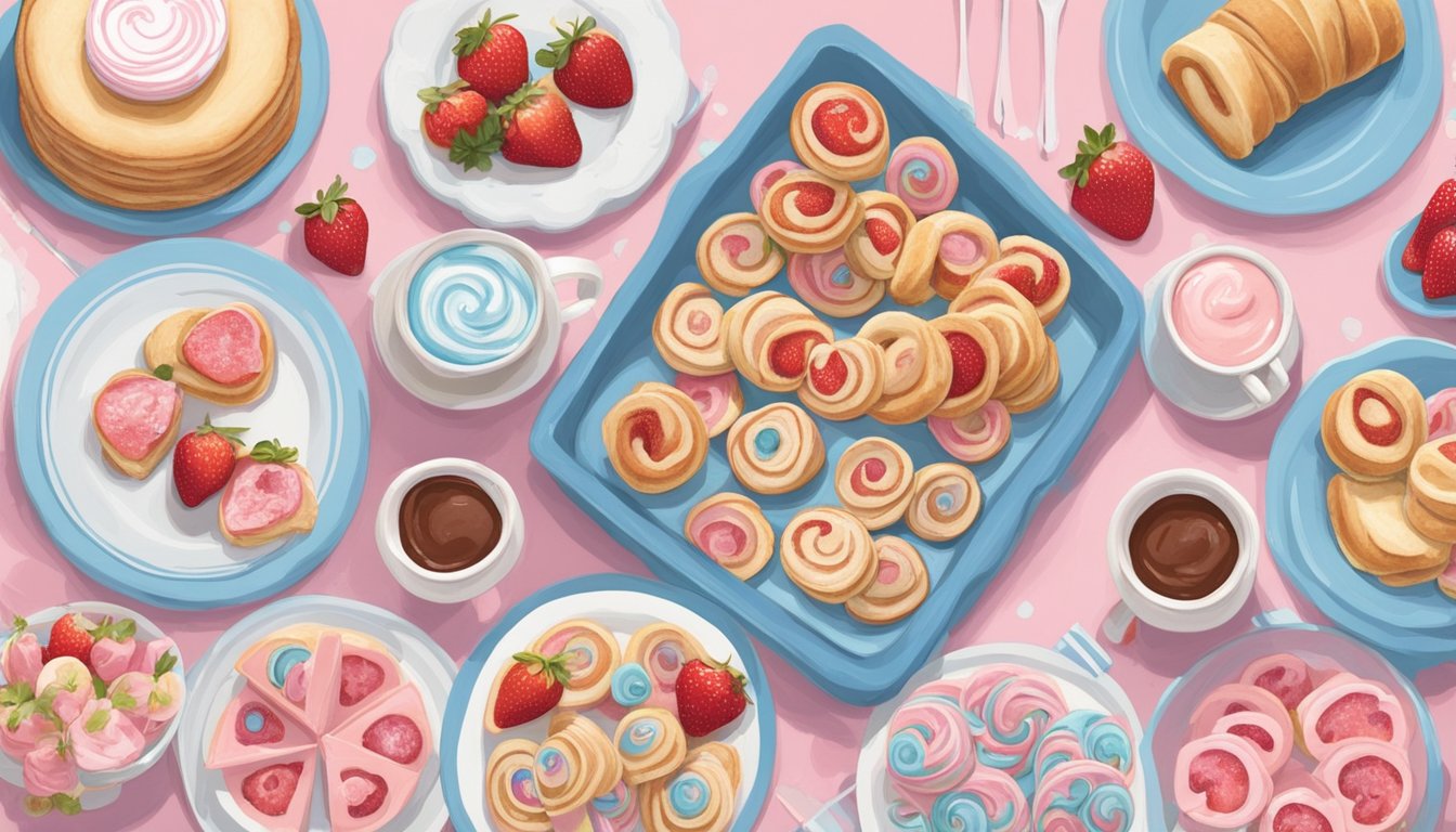 A table spread with strawberry cream cheese pinwheels and 14 other breakfast dishes, decorated in pink and blue for a gender reveal party